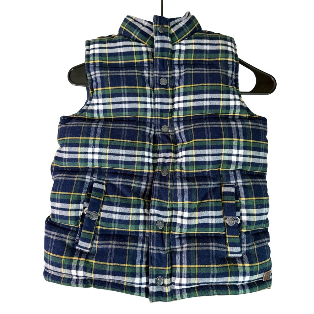 Janie & Jack Quilted Plaid Puffer Vest Boys 7-8 Navy Green Play Outdoor School